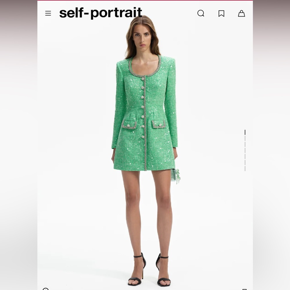 Self Portrait Green Boucle Mini Dress